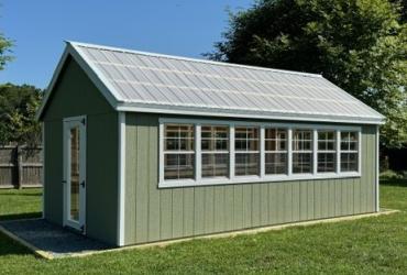 Greenhouse shed pictured at an angle.