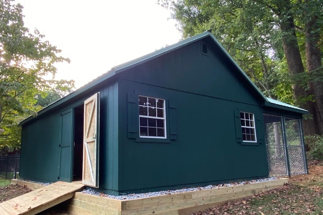 side view of dark green shed with double door. here there are 2 windows.