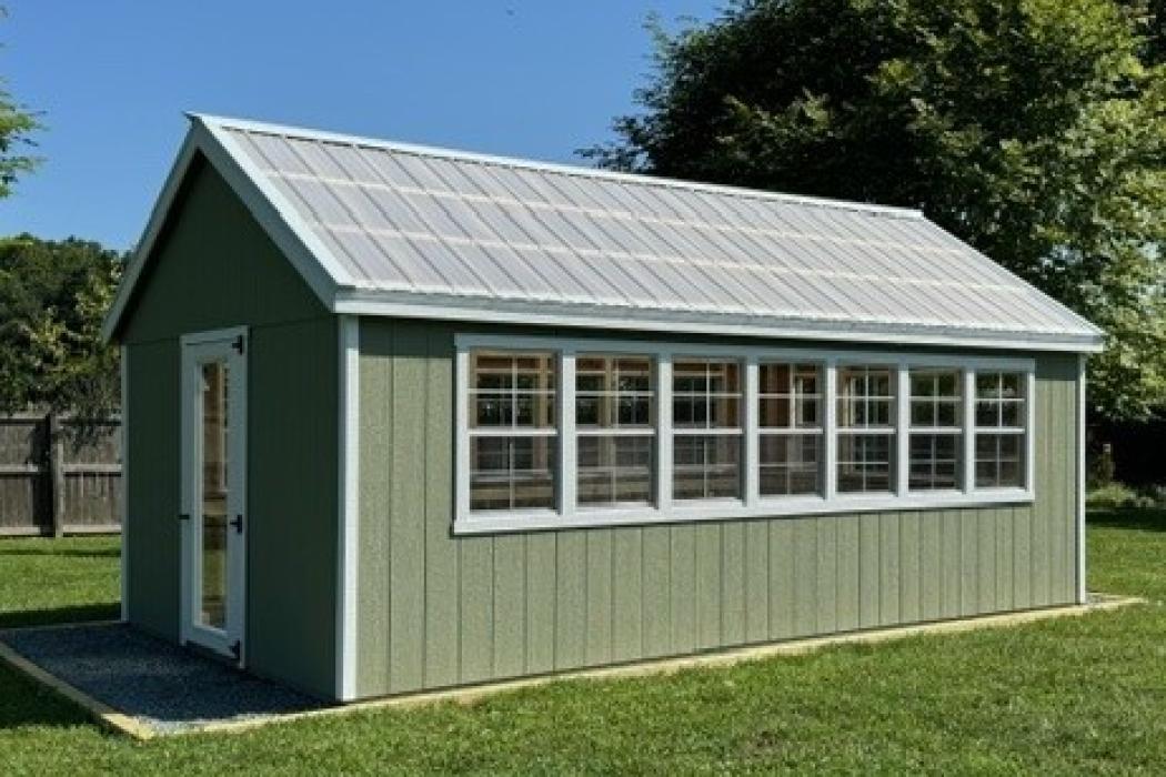 Greenhouse shed pictured at an angle.