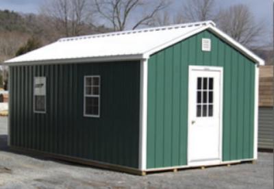 green metal siding with white metal roof