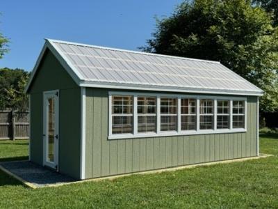 Greenhouse shed pictured at an angle.