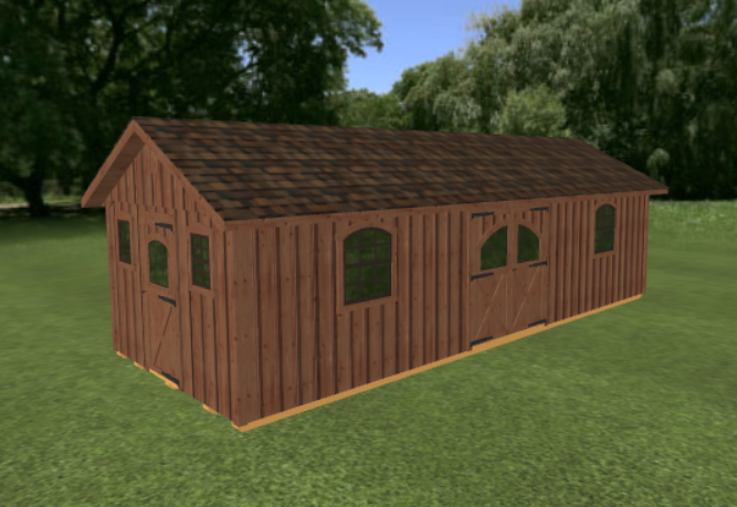 A wooden shed on grass