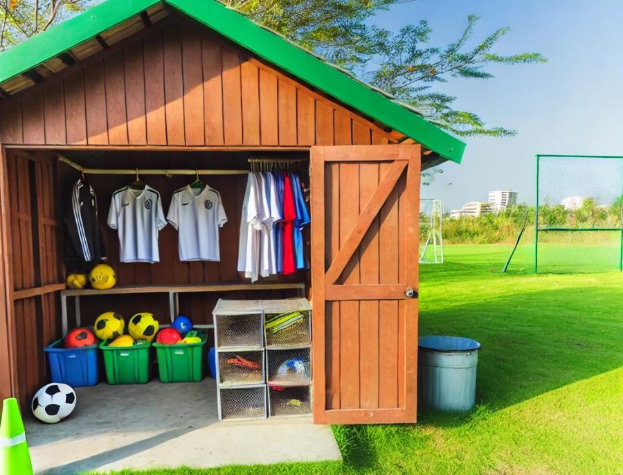 sports equipment shed beside soccer field