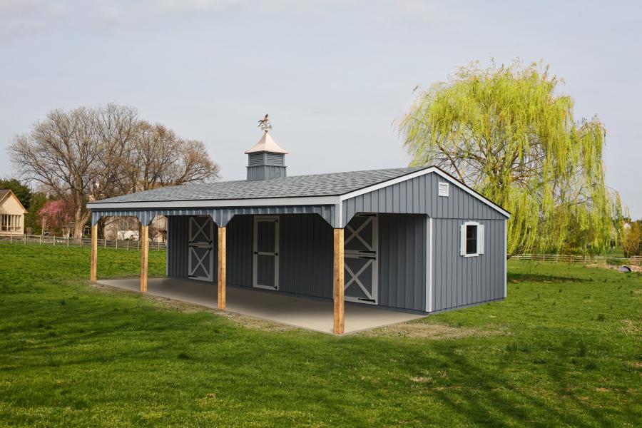 grey stall barn with 10 foot overhang