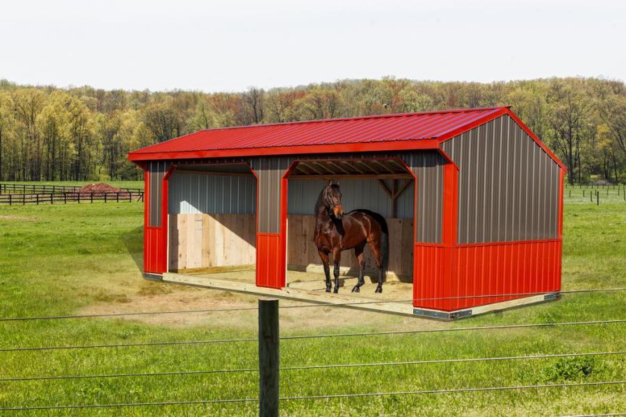 Metal horse run-in shed in red and grey