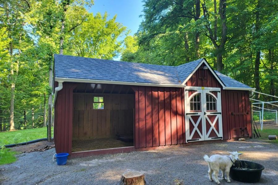 goat shed with board and batten siding