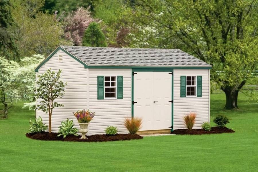 Vinyl A-Frame shed in a yard